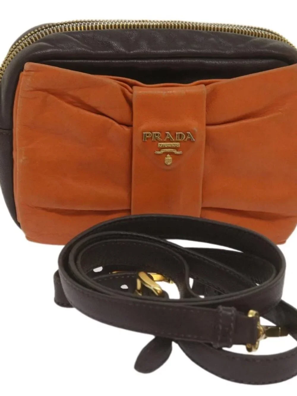 PRADA Ribbon Shoulder Bag Leather Orange Brown Auth 69111 - Picture 2 of 14